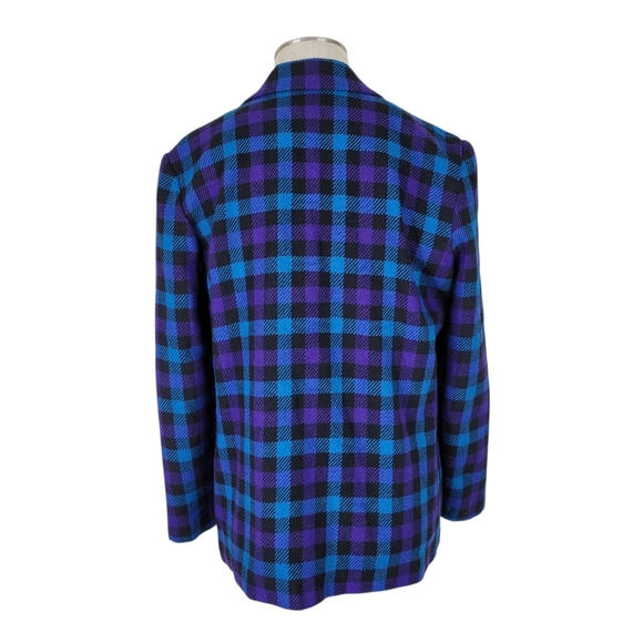 Leslie Fay Blazer Women Size 12 Blue Purple Black Check Pockets Long Wool Blend - Picture 3 of 10